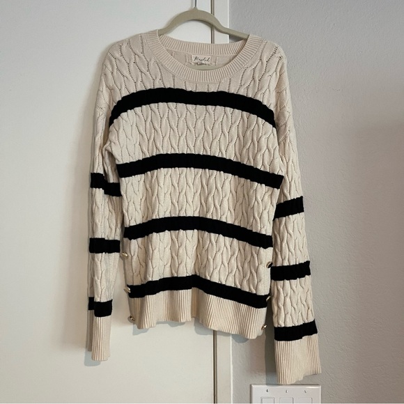 Marled Cream & Black Stripe Cable Knit Sweater Size L - Picture 1 of 6